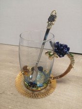 1x Emaille Schmetterling Tasse Blumen 350ml mit Löffel Kaffeetasse Glas Transpar