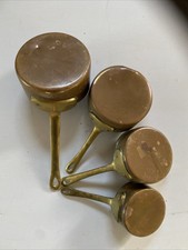 Vintage 4er Set kleine Kupferpfannen mit Messinggriffen, Schnellpfosten