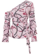 One-Shoulder-Shirt Gr. 32/34 Rosa Schwarz Bedruckt Damenshirt Bluse Tunika Neu