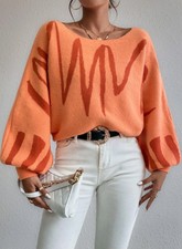 Orange Arty Edgy Design Druck weicher Strick lose lange lässige Winterpullover 16