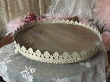 Deko Tablett Holz Metall Zierrand altweiß Rustic Vintage Shabby Stil Garten 35cm