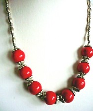 Steinschmuck Collier Kette Koralle Imitat Kugeln rot Tibet Silber Folklore NEU