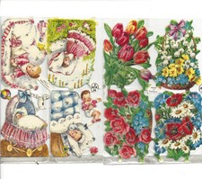 Alte Glanzbilder Oblaten Scraps  2 halbe Bögen AFKH Babys und Blumen