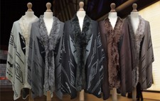 Umhang Wrap Schal Stola Pelzkragen, Aztec Design, Strick, Kunstfell, One Size