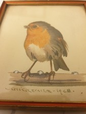 Aquarell Von Schicktanz , signiert Original 1928 Rotkehlchen  12cmx13cm außen 