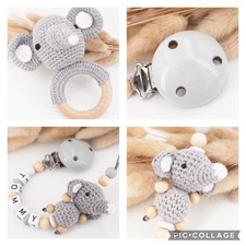 Schnullerkette mit Namen & Greifling Geschenkset Junge Elefant grau Häkelperle 