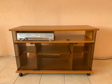 TV Schrank Fernsehtisch Lowboard Kirschbaum mit 7 Fächern, Glastüren und Rollen