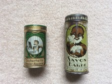 2 alte kleine runde Blechdosen für Rasier-Apparat und Rasierschaum