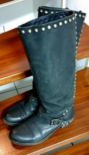 LEDER STIEFEL 41 SCHWARZ GETRAGEN  NIETEN SCHNALLEN BLOCKABSATZ STIEFELSPANNER