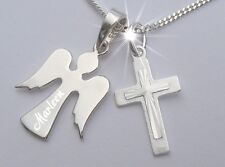 Gravur Schutzengel Engel mit Kreuz Anhänger Wunsch Gravur Kette Echt Silber 
