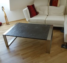 Designer-Couchtisch von Rolf Benz aus Edelstahl und Schiefer mit Fossilien