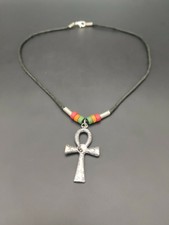 Halskette Leder Anhänger Ankh Ying - Yang 46cm Lang