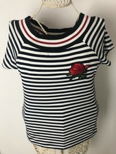 NEU! T-Shirt, geringelt, dunkelblau/weiß, Damen,Gr. 36, Rose (Patch),Offshoulder