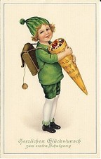 AK,Schulanfang, Junge im grünen Anzug mit Schulranzen und Schultüte, 1929,M&B