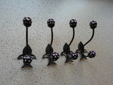 4 Garderobenhaken, Kleiderharken, Eisengeschmiedet, KeramikKugeln dunkelblau