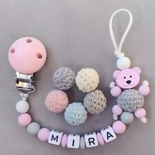 Nuckelkette Schnullerkette mit Namen ♥ Mädchen ♥  Teddybär ★ Rosa Grau