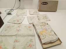 Alte Bleichmittel Tischdecke und Handtücher handbemalt Fasan und Pistole Hundemuster