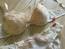 Wäsche Set Dessous creme weiß BH Gr 75 A Slip 36/38 S Stickerei Spitze Hochzeit