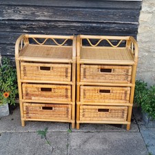 Vintage Paar Korb Rattan Bambus Stock Aufbewahrung 3 Schubladen Nachttisch Einheit Boho 