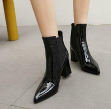 Neu Damen Blockabsatz Chelsea Stiefeletten Lackleder Pumps High Heel Große Größe
