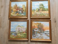 4 alte gestickte Bilder "Vier Jahreszeiten" Handarbeit