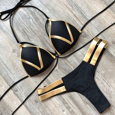 Sexy dreieckig Damen Bandage Bademode goldener Gürtel Badeanzug Push Up Bikini Set