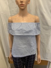 Divided Blau & Weiß Pin gestreift Bare Schulter Kurzarm Top-UK Damen 8