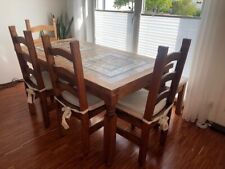 Esstisch Massivholz Pinie mit Mosaik-Einlagen, 6 dazugehörige Stühle Mexikomöbel