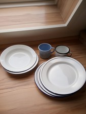 Emaille Geschirr Teller Tief Flach Becher Camping Outdoor 9 Teile Shabby