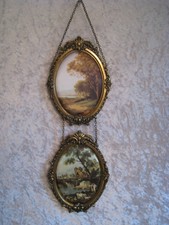 2 Messingrahmen  oval  Fotorahmen Stoffbilder Jahreszeiten Italien Seidenbilder