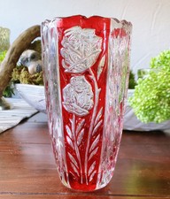 Anna Hütte Kristall Glas Vase mit Rosenmuster in transparent und rot wie neu!