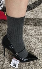 ZARA MARY JANE ECHTLEDER PUMPS SOCKEN SCHWARZ/GRAU Gr. 39, NEU!