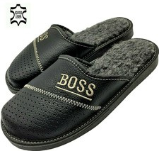 BOSS Herren Leder Winter warme Hausschuhe Gefüttert Schafwolle Pantoffeln bis 48