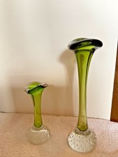 Original-Murano 2 Vasen Bubble Glas 16 cm und 22cm Grün Green Überfang Italien 