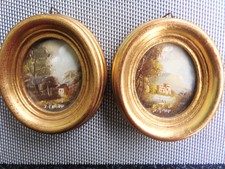 2 MINIATUR LANDSCHAFT GEBÄUDE ITALIEN ÖLGEMÄLDE HOLZ-GOLDRAHMEN OVAL
