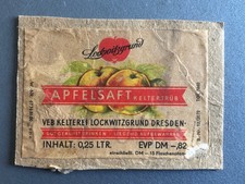 Karton mit Etikett VEB Kelterei Lockwitzgrund Dresden Apfelsaft Flaschenetikett