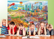 Poster Kinderzimmer Comic Stil Grossstadt Wimmelbild Deko Kinderposter 140x100cm