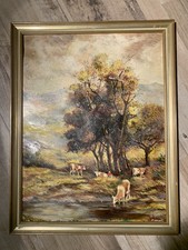 Gemälde Öl auf Leinwand - Kühe auf der Weide am Wasser Ölbild Ölgemälde Signatur