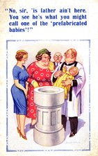 Comic Postkarte C1950 Donald McGill Vikar Taufe Reagenzglas Fertig Baby