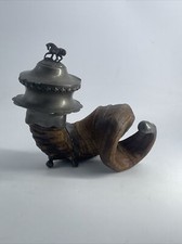 Atemberaubende große antike Ram Horn Schnupftabak Mull Box mit Zinnhalterungen Pferd Finish