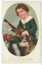 alte AK Postkarte Glückwunsch Geburtstag - Junge mit Hund - Marie Flatscher
