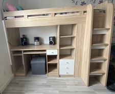 Hochbett Enri weiß Eiche 90*200cm mit Schreibtisch Kleiderschrank und Regal