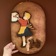 Vintage ✅ Das große Mädchen mit Vogelkäfig 1960er 37cm XXL Laubsäge-Arbeit ALT