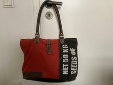 Loberon Hand Tasche Henkeltasche braun rot Leder Stoff 45 x 31 x 10 cm
