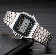 Digitale Herren/Damen LCD Quarz Armbanduhr-Stoppuhr-12-24H-Alarm-Metall-Silber