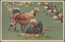 Ansichtskarte Künstlerkarte Huhn Hahn Vogel Ostern Weidenkätzchen Geflügel