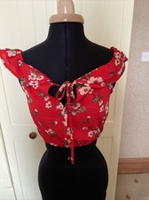 Damen Rot Blumenmuster Chiffon Off Die Schulter Cropped Top Größe S