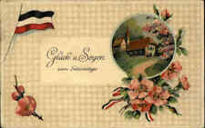 Gruss GEBURTSTAG Prägekarte 1918 Glück & Segen Patriotik Fahne Haus Landschaft