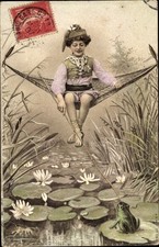 Ak Frosch auf Seepflanze, Seerosen, Junge in Hängematte, Streich - 2401292