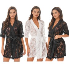 Damen Kimono Bademantel Blumenspitze Durchsichtig Nachtwäsche Schlafanzug Dessou